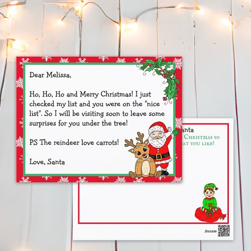 Letter from Santa Nice List for Kids Postcard