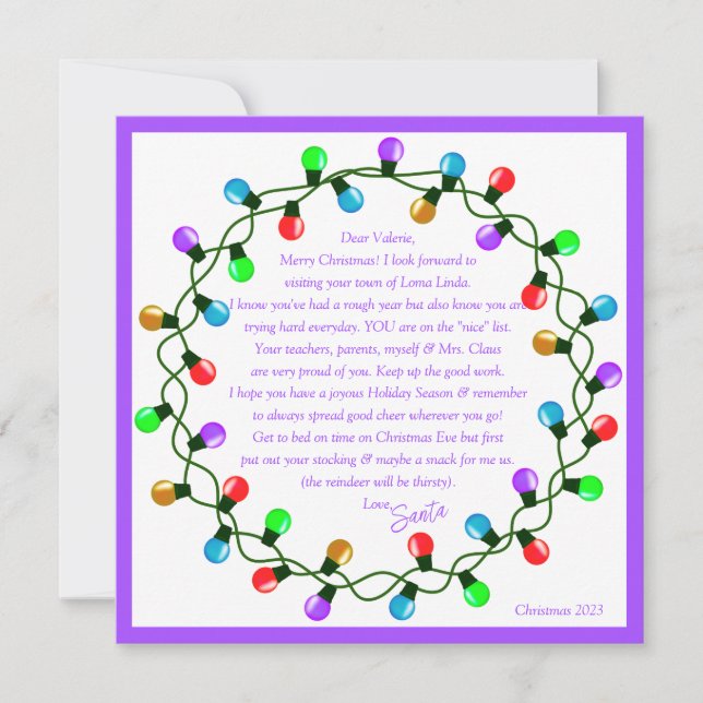 Letter from Santa Purple theme Paper Sheet Holiday Card (Front)