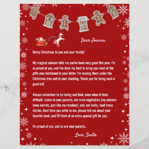 Letter from Santa Unicorn Snowflakes Red Christmas