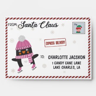 Letter from Santa with cute penguin and elf stamp Envelope