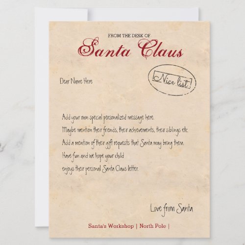 Letter From The Desk Of Santa Personalized Invitation