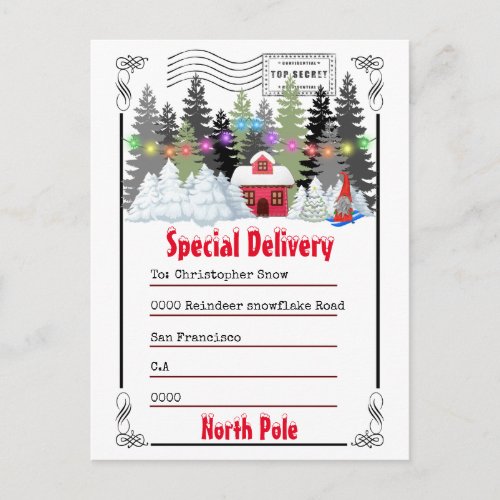 Letter from Tomte  winter forest log cabin gnome Postcard