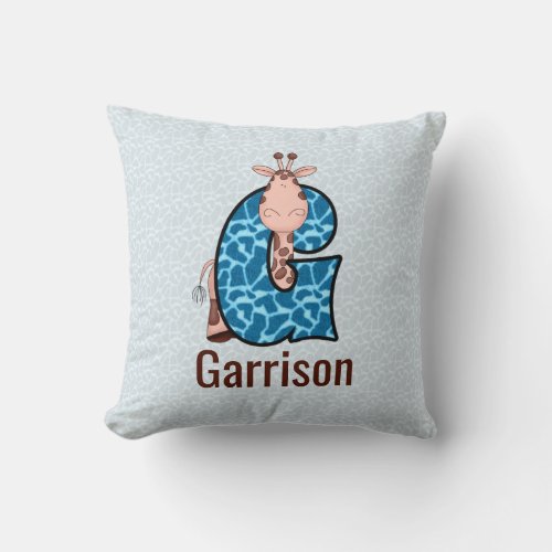 Letter G Blue Giraffe with Animal Print Throw Pillow