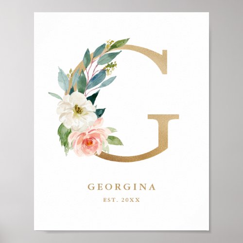 Letter G Blush Floral Monogram Gold Foil Nursery  Poster