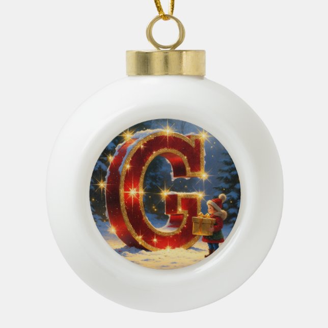 Letter G Christmas Gift Personalized Initial Ceramic Ball Christmas Ornament (Front)