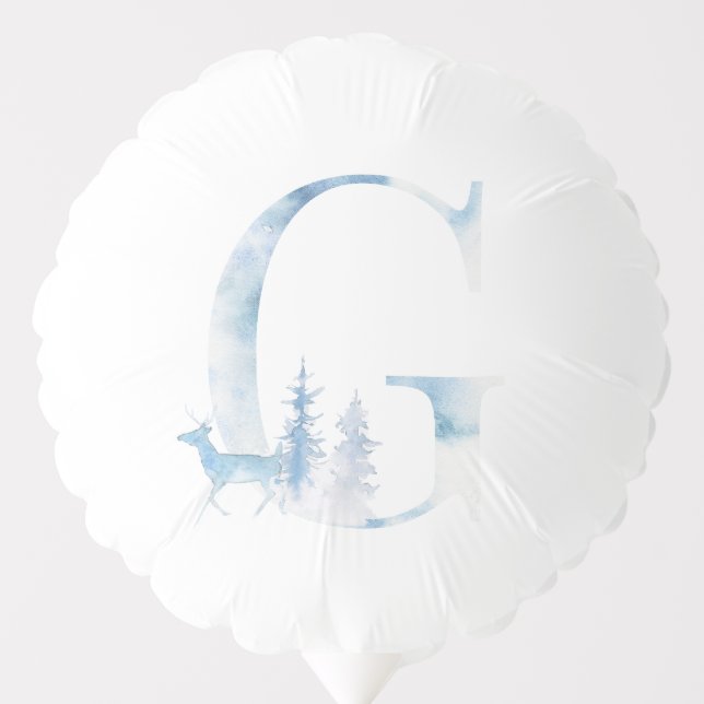 Letter G Dusty Blue Winter Forest Monogram Initial Balloon (Front)