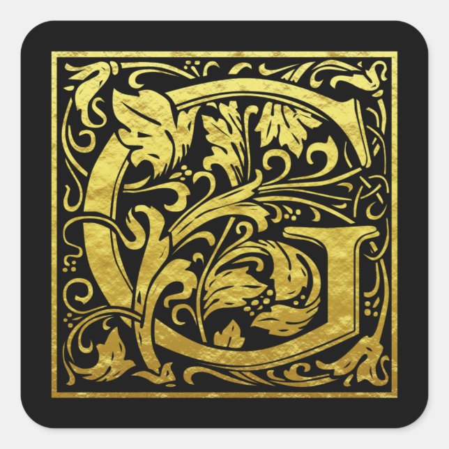 Letter G First Letter Faux Gold Black Square Sticker (Front)