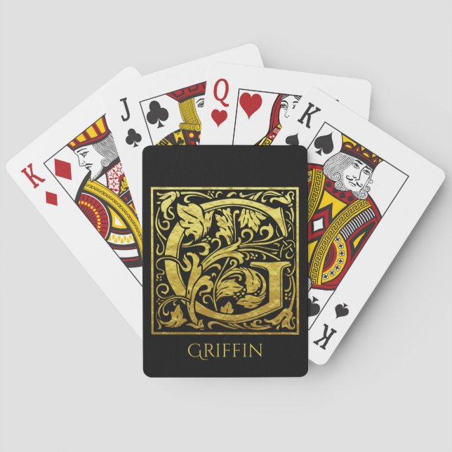 Letter G First Letter Gold on Classic Black Poker Cards (Back)