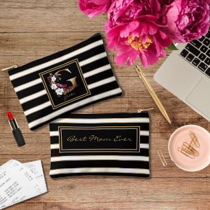 Letter G Floral Monogram Black White Gold Stripes Accessory Pouch