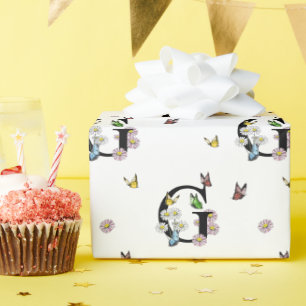 Letter G Floral Watercolor Butterfly Monogram   Wrapping Paper