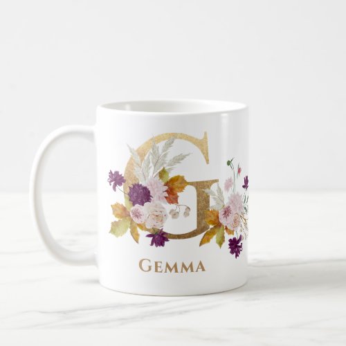 Letter G _ Gold Floral Name sister coworker friend Coffee Mug