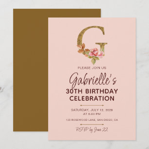 Letter G Gold Monogram Blush Pink Roses Invitation