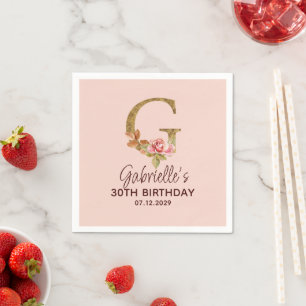 Letter G Gold Monogram Blush Pink Roses Napkins