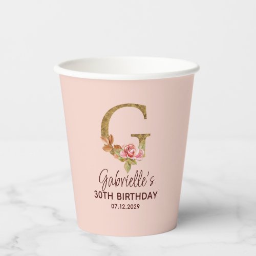 Letter G Gold Monogram Blush Pink Roses Paper Cups
