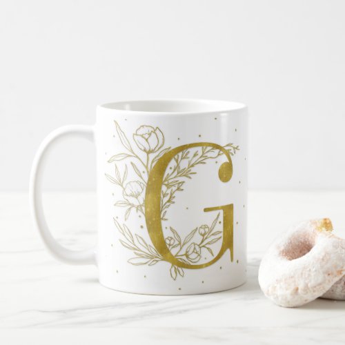 Letter G Gold Monogram Botanical Illustration Coffee Mug