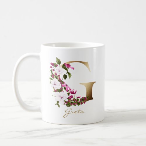 Letter G Gold Monogram White Magenta Green Floral Coffee Mug