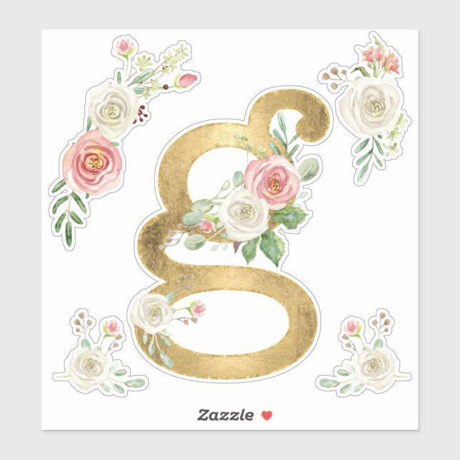 Letter G Gold with Blush Rose Floral Watercolor Sticker (Sheet)