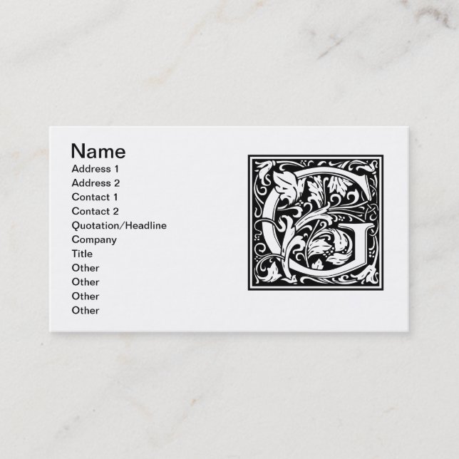 Letter G Medieval Monogram Art Nouveau Business Card (Front)