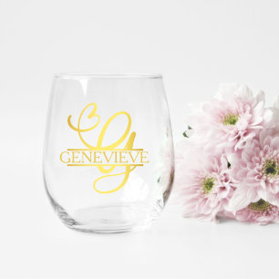 Letter G Monogram Bridesmaid Gift, Modern Elegant Stemless Wine Glass