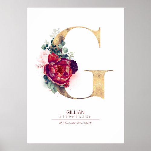 Letter G Monogram Floral Burgundy Red and Gold Poster
