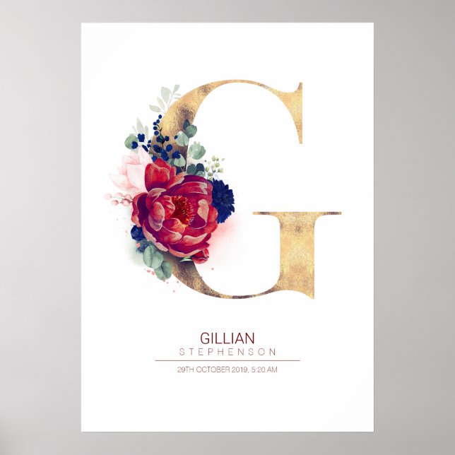 Letter G Monogram Floral Navy Blue and Burgundy Poster (Front)