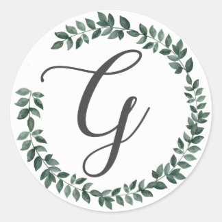 Letter G Monogram Minimalist Botanical Leaf Wreath Classic Round Sticker