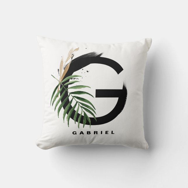 Letter G Monogram | Tropical Palm Personalized Throw Pillow (Front)