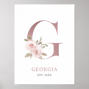 Letter G Monogram Watercolor Rose Florals Nursery  Poster