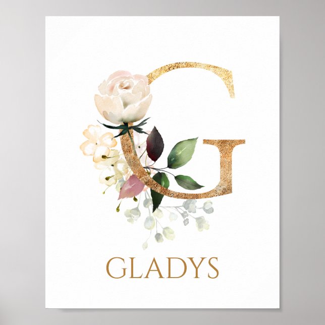 Letter G Monogram white cream rose Nursery Poster (Front)