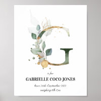 Letter G New Baby Monogram Birth Print Greenery