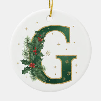 Letter G Pine Holly Christmas Ceramic Ornament