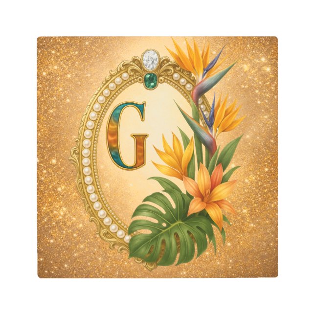 Letter G Tropical Monogram Gold Metal Wall Art (Front)