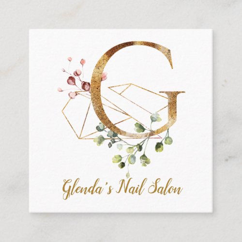 Letter G with Gold Geometric Design and Flowers Square Business Card