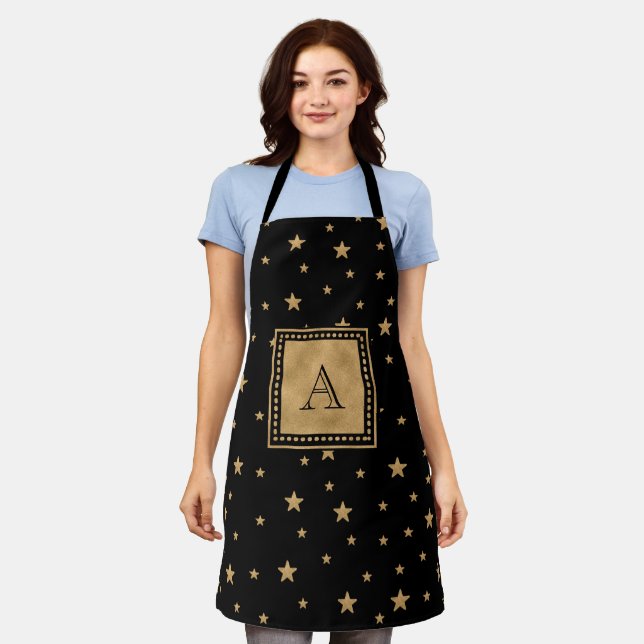 Letter Gold Star Elegant Glitter Black Monogram  Apron (Worn)