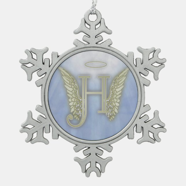Letter H Angel Monogram Snowflake Pewter Christmas Ornament (Front)