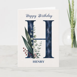 Letter H Birthday for Him Personalized Name Blue Card