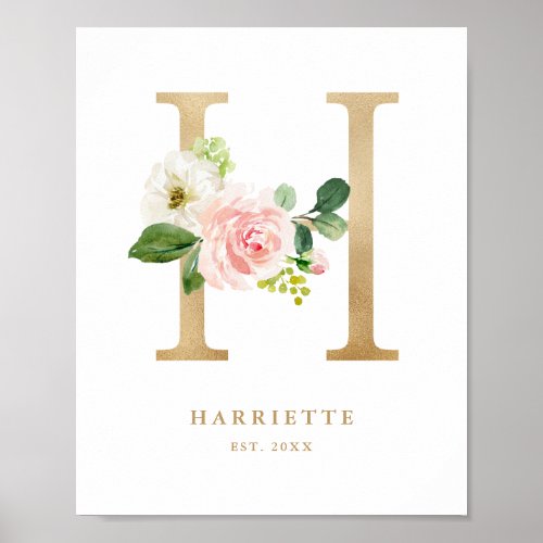 Letter H Blush Floral Monogram Gold Foil Nursery  Poster