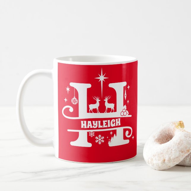 Letter H Christmas Monogram Initial Name Red   Coffee Mug (With Donut)