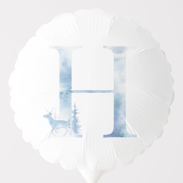 Letter H Dusty Blue Winter Forest Monogram Initial Balloon (Front)