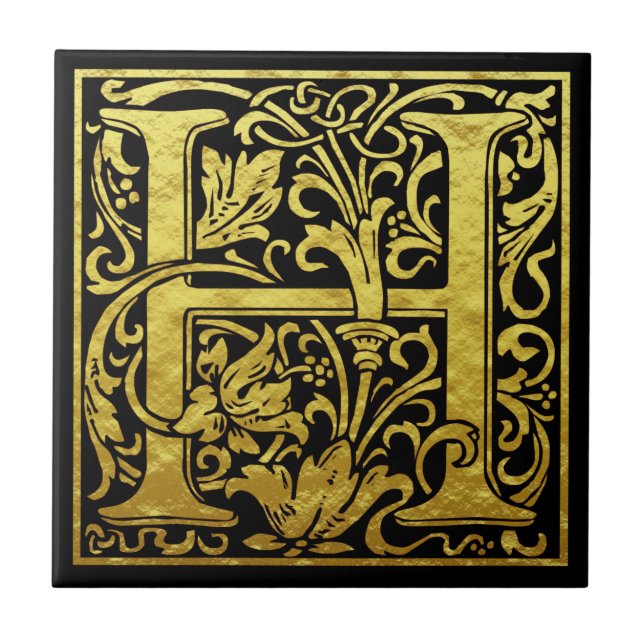 Letter H First Letter Faux Gold Black Ceramic Tile (Front)