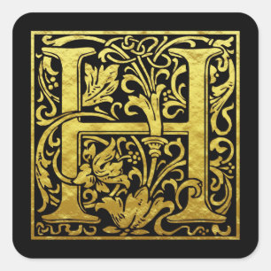 Letter H First Letter Faux Gold Black Square Sticker