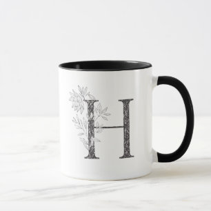 Letter H Floral Monogrammed Black and White Mug