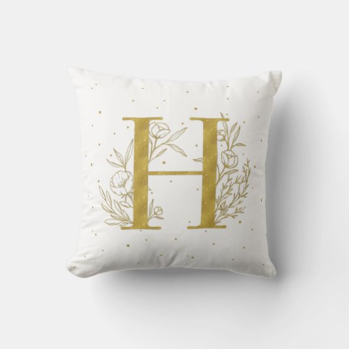 Letter H Gold Monogram Botanical Illustration Throw Pillow