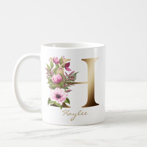 Letter H Gold Monogram  Pink Magenta Floral Coffee Mug