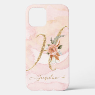 Letter H Gold Script Monogram Watercolor Floral iPhone 12 Case