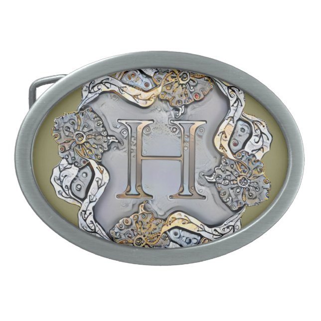 Letter H in the middle of decorated flowers   Belt Buckle (Front)
