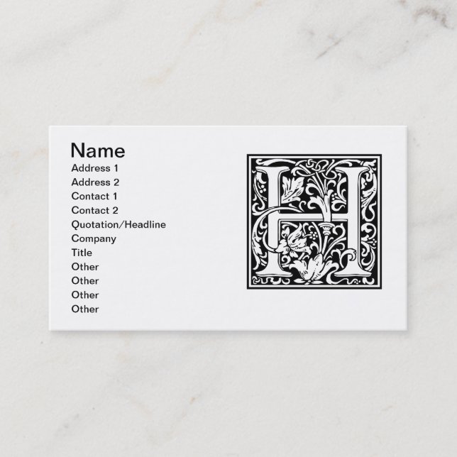 Letter H Medieval Monogram Art Nouveau Business Card (Front)