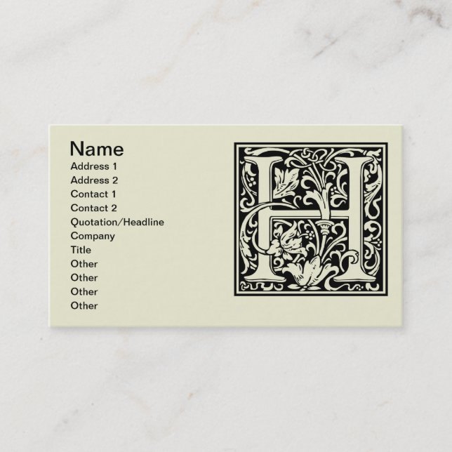 Letter H Medieval Monogram Art Nouveau Business Card (Front)