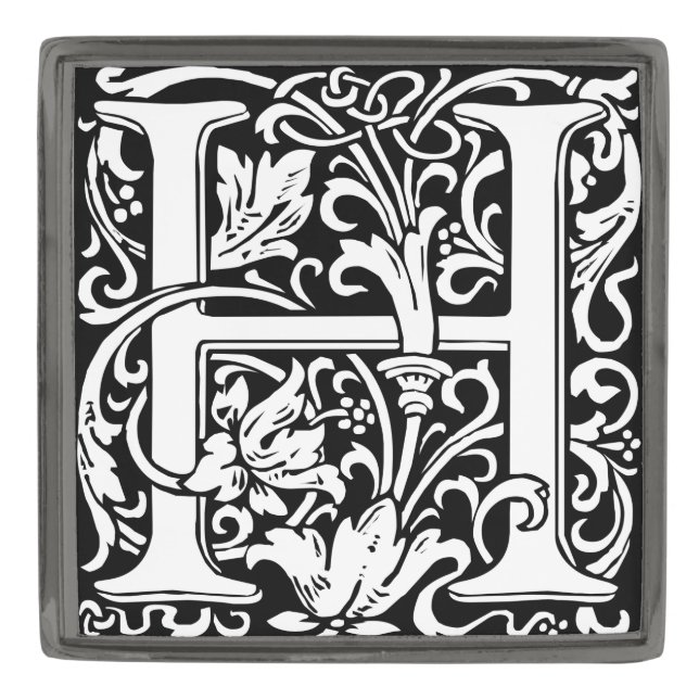 Letter H Medieval Monogram Art Nouveau Gunmetal Finish Lapel Pin (Front)