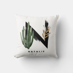 Letter H Monogram Boho Watercolor Succulents Throw Pillow